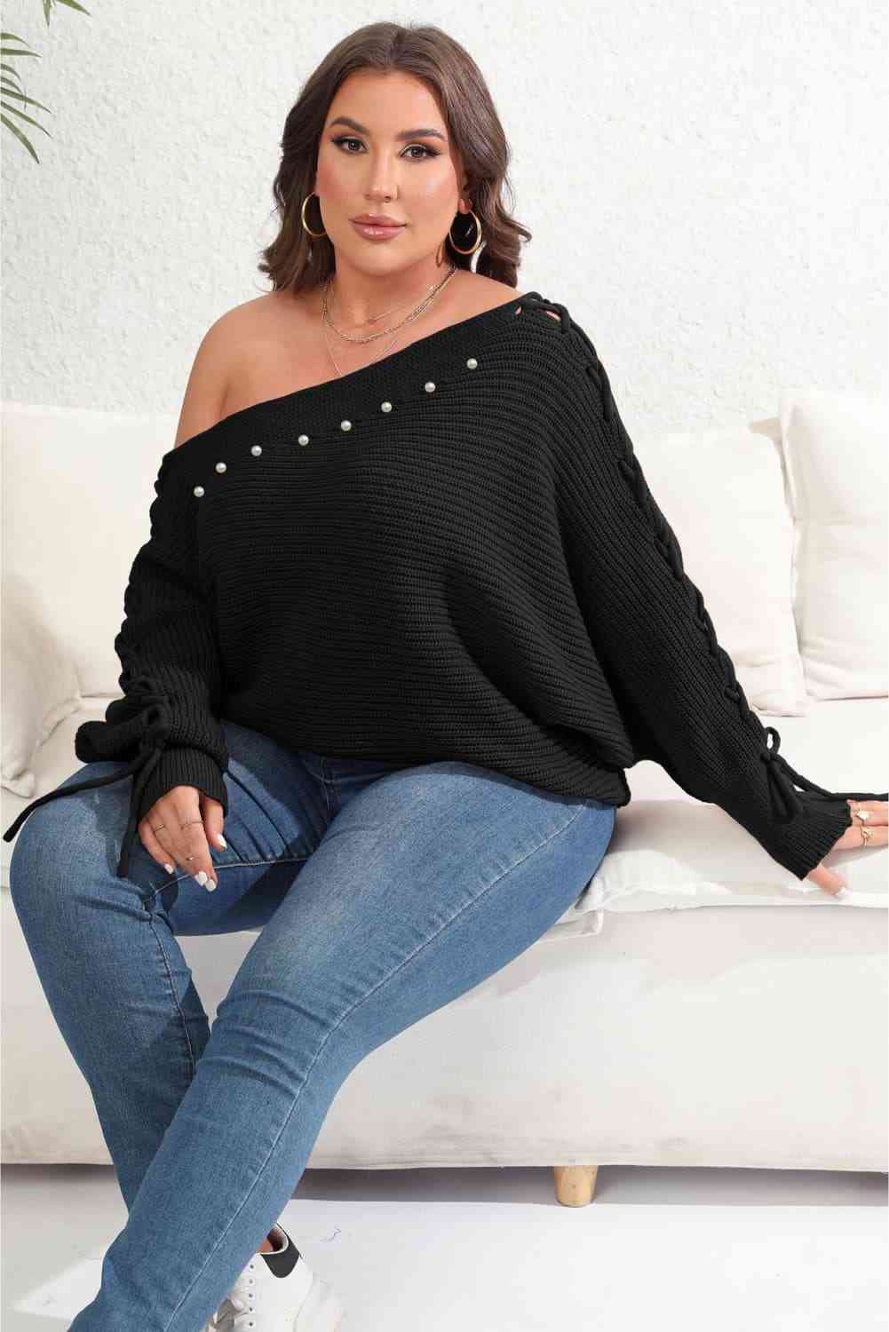 Plus Size One Shoulder Beaded Sweater Blouse