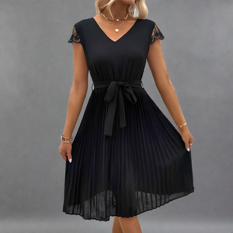 Women's V-Neck Tie Belt Pleated Midi Dress