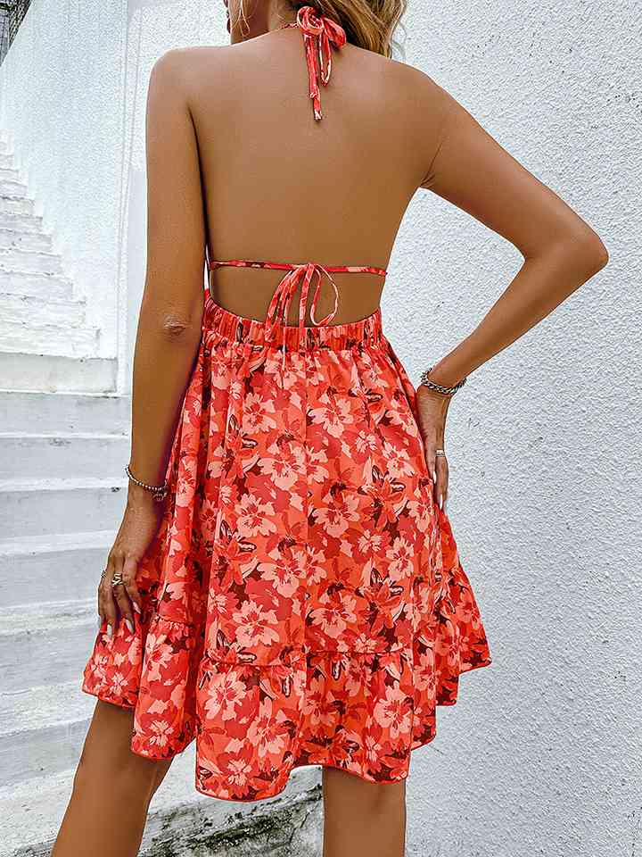 Women's Casual Floral Halter Neck Backless Mini Dress