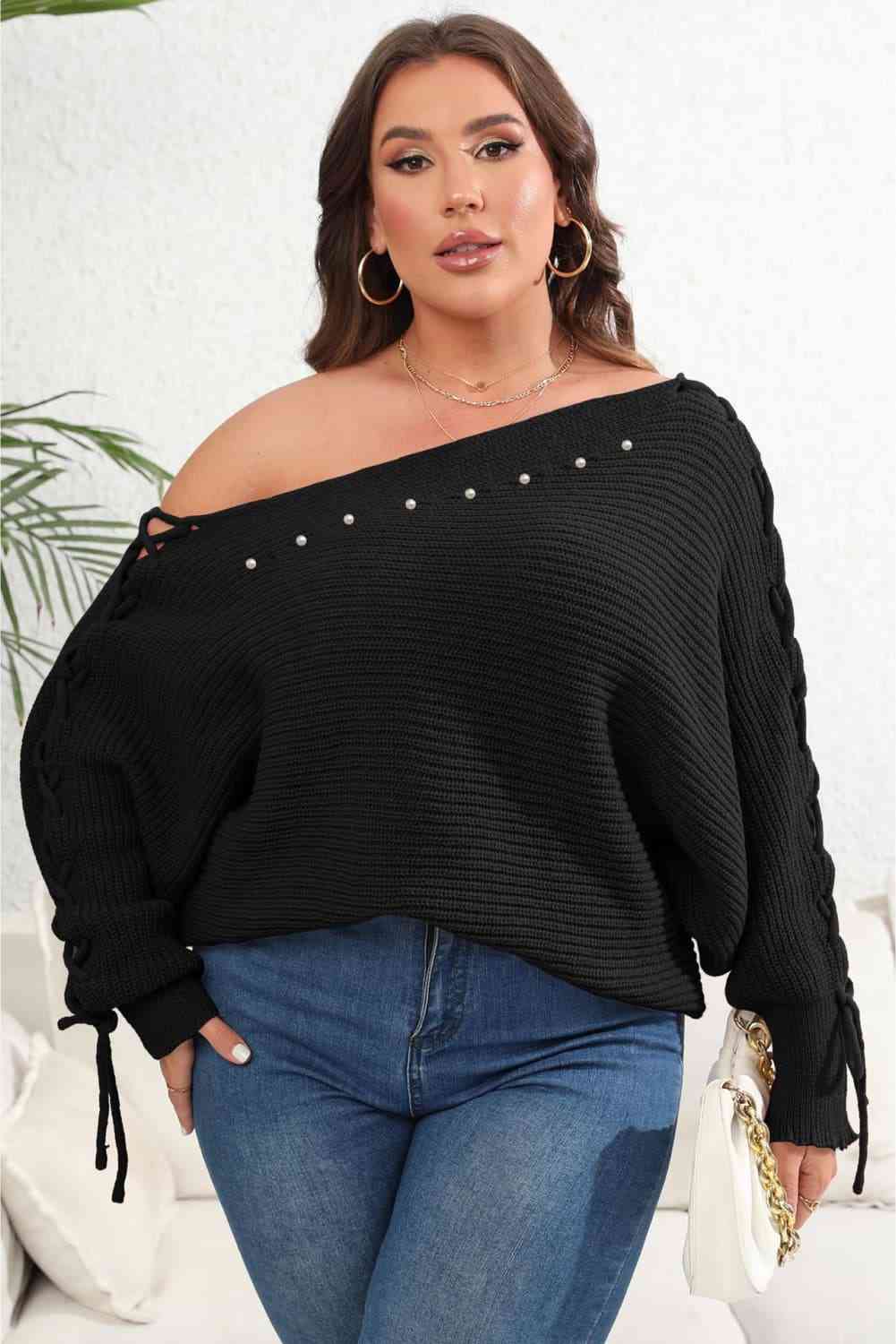 Plus Size One Shoulder Beaded Sweater Blouse