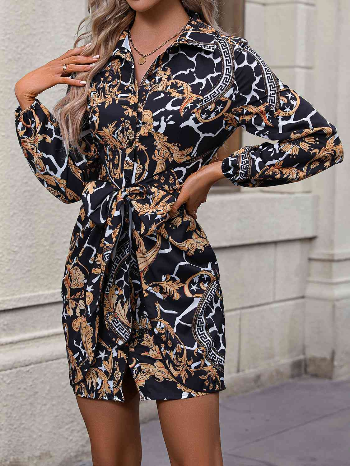 Women's Tie Front Printed Collared Neck Mini Shirt Dress