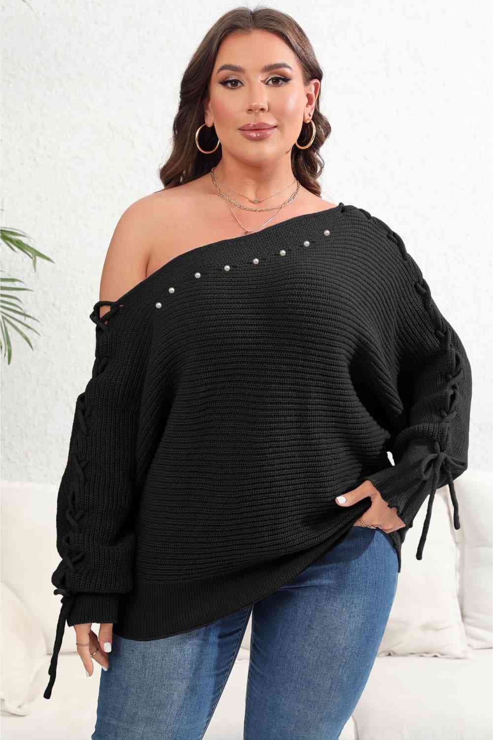 Plus Size One Shoulder Beaded Sweater Blouse