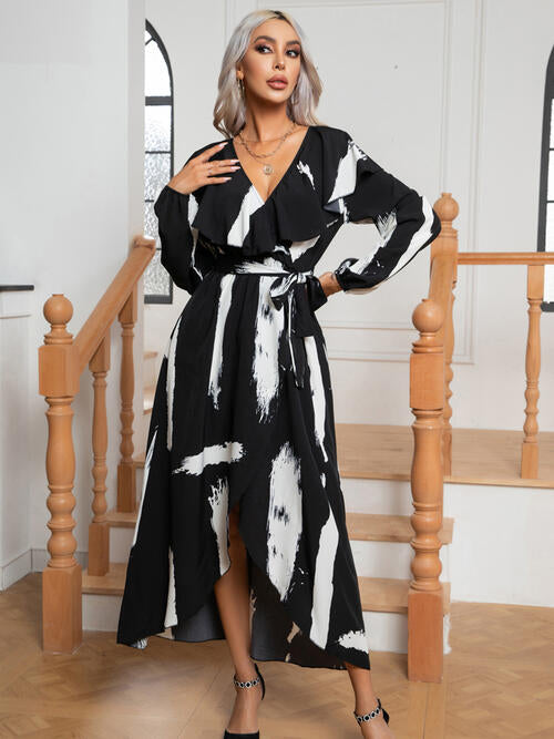 Printed Tie Front Ruffle Trim Long Sleeve Maxi Dress