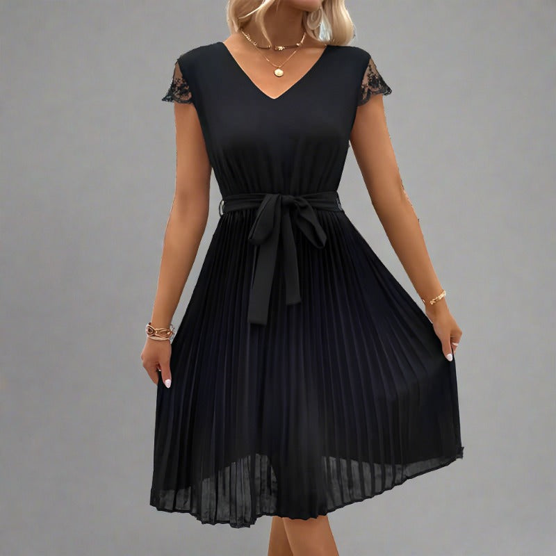 Women's V-Neck Tie Belt Pleated Midi Dress