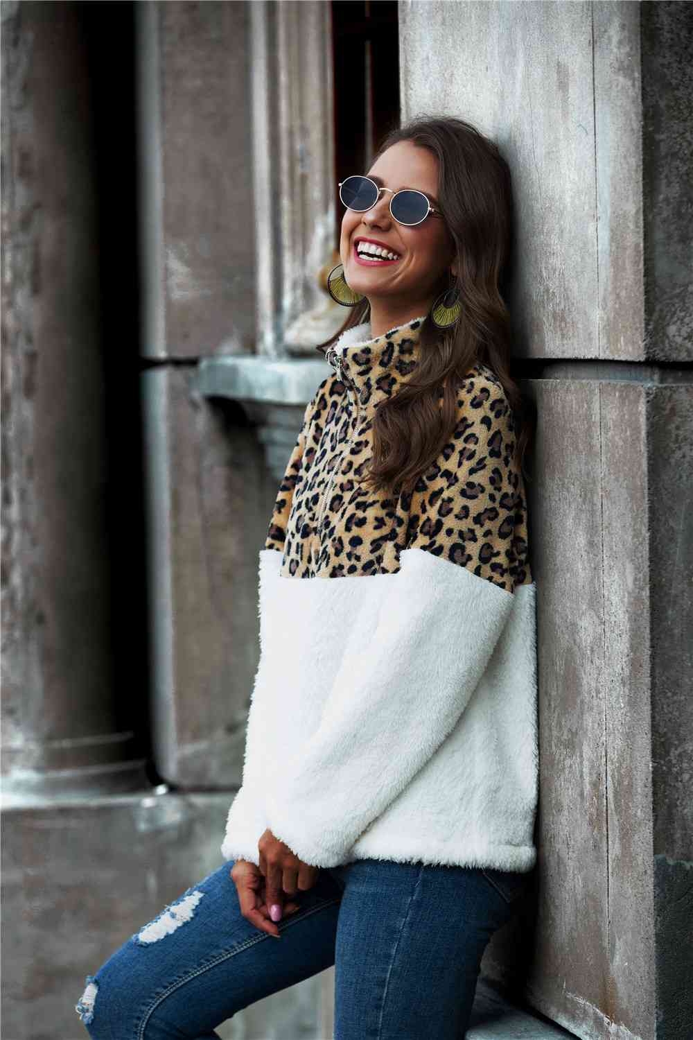 Sudadera teddy con cuello con media cremallera y bloques de color leopardo para mujer