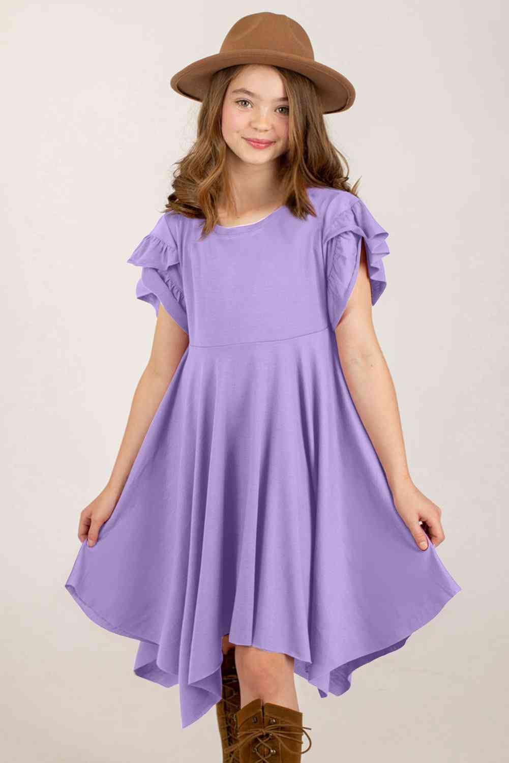 Girls Round Neck Petal Sleeve Ruffle Dress