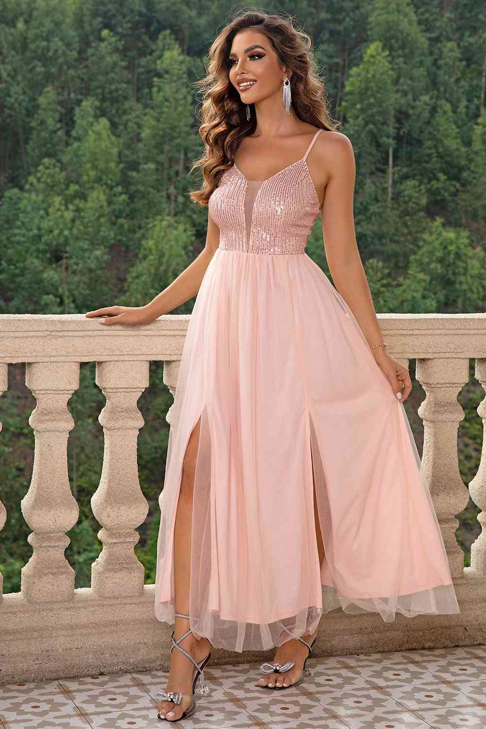 Vestido largo elegante de malla con abertura y tirantes finos - 3 colores