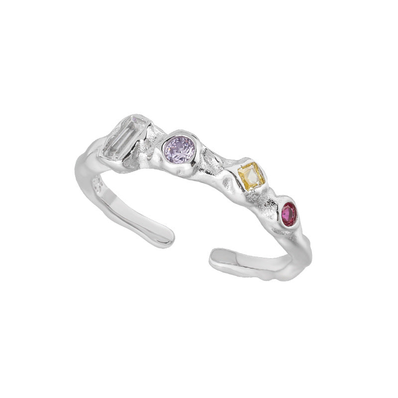 Geometry  Rhombus Round Rectangle Colorful CZ 925 Sterling Silver Adjustable Ring