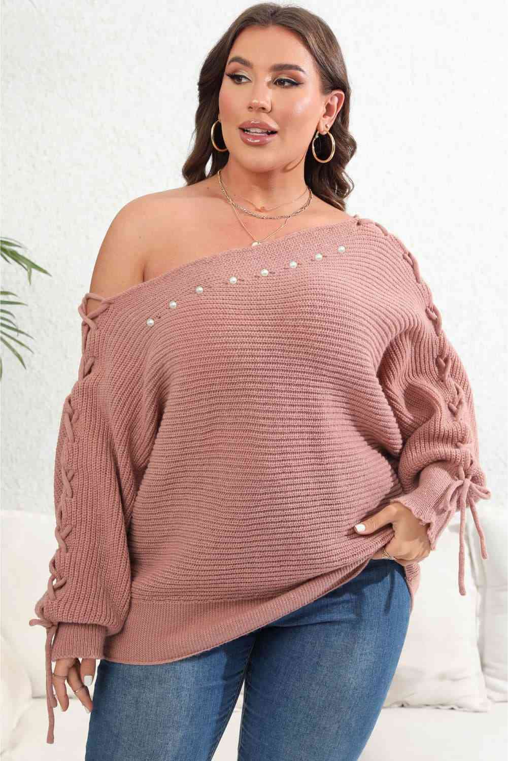 Plus Size One Shoulder Beaded Sweater Blouse