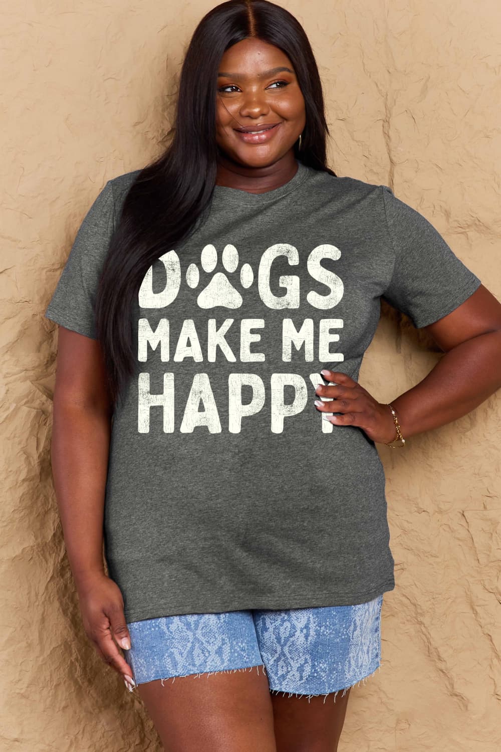 Simply Love - Women's Plus Size DOGS MAKE ME HAPPY Graphic Cotton T-Shirt