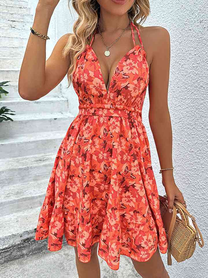 Women's Casual Floral Halter Neck Backless Mini Dress