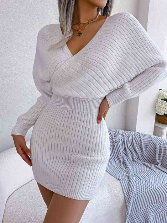 Rib-Knit Dolman Sleeve Mini Sweater Dress