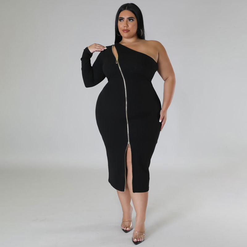 Women's Plus Size Front Slit One Shoulder Bodycon Mini Dress - 4 Colors