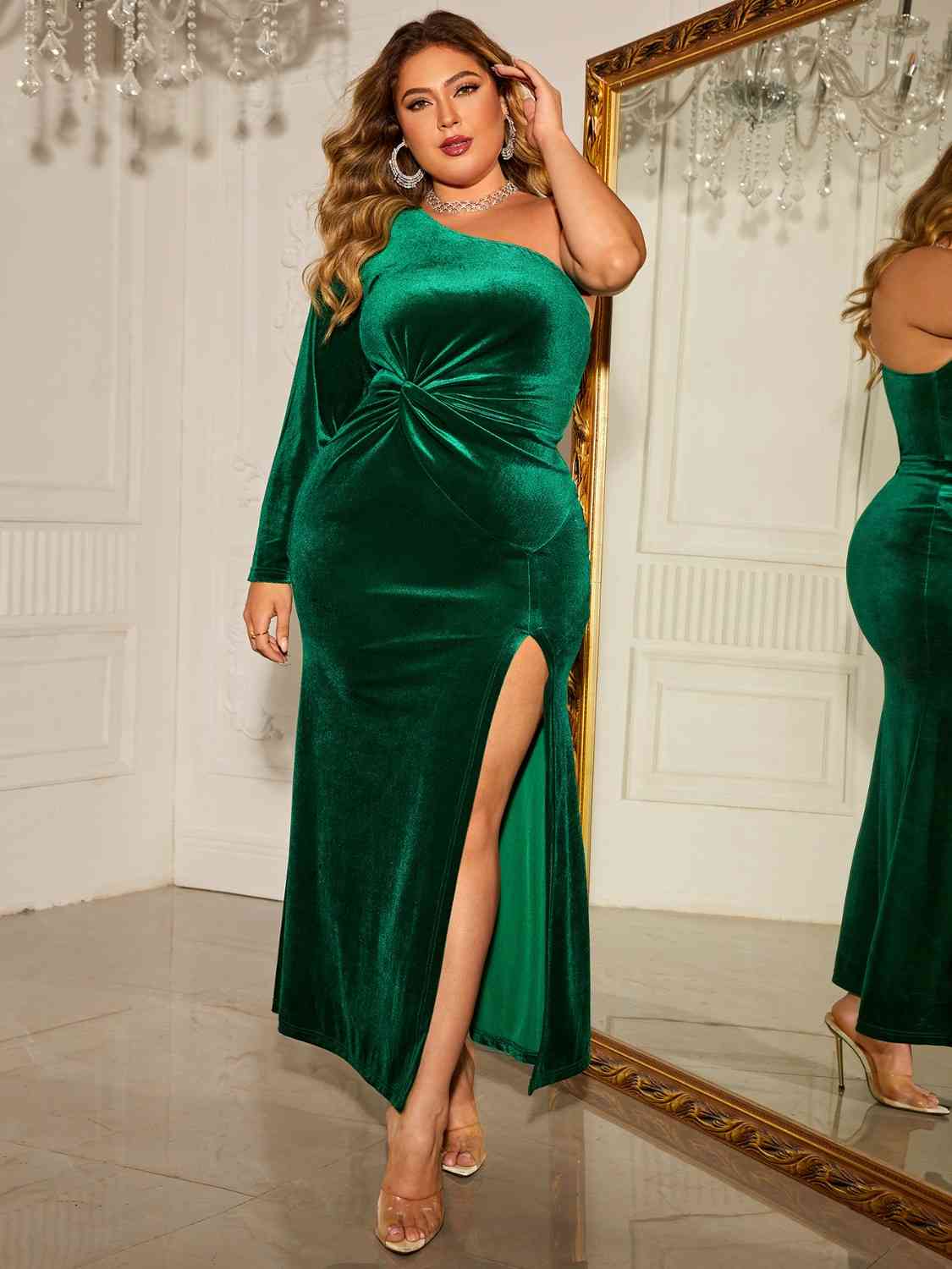 Formal Elegant Plus-Size One-Shoulder Twisted Split Maxi Dress