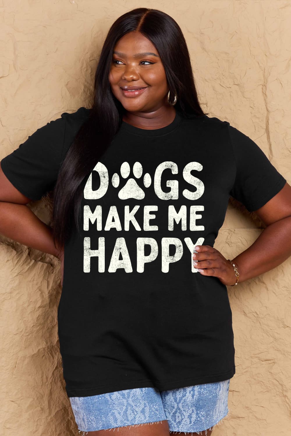 Simply Love - Women's Plus Size DOGS MAKE ME HAPPY Graphic Cotton T-Shirt