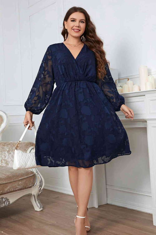 Melo Apparel Plus Size Surplice Neck Balloon Sleeve Midi Dress