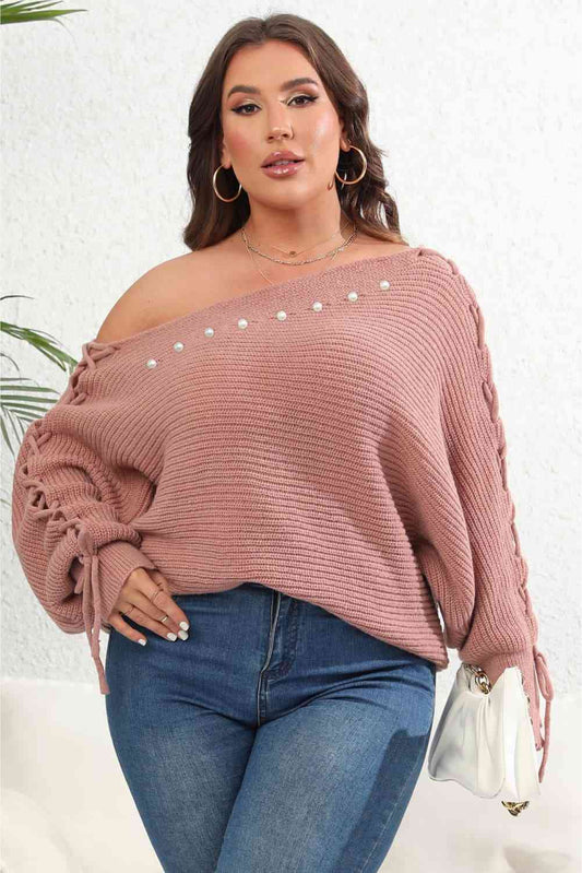 Plus Size One Shoulder Beaded Sweater Blouse