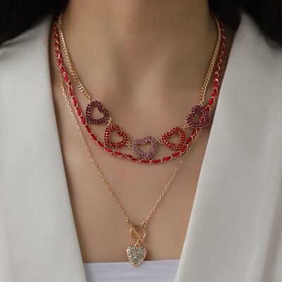 Heart Shape Rhinestone Triple-Layered Gold-Plated Necklace
