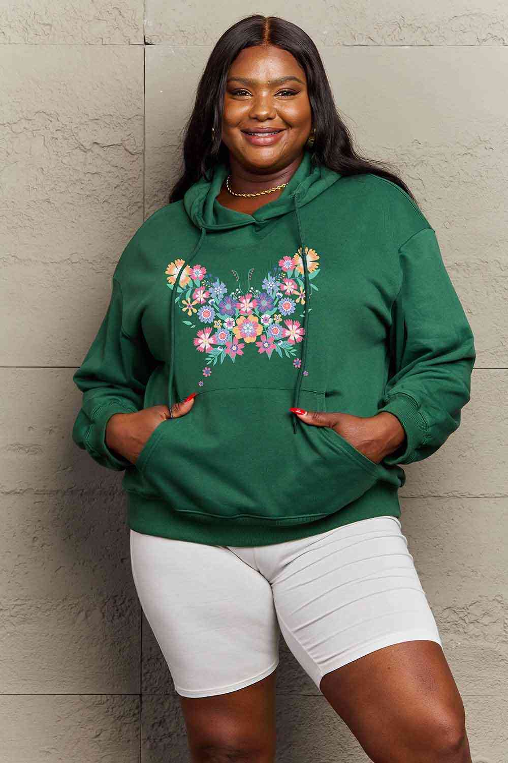 Simply Love Plus Size Floral Butterfly Graphic Hoodie