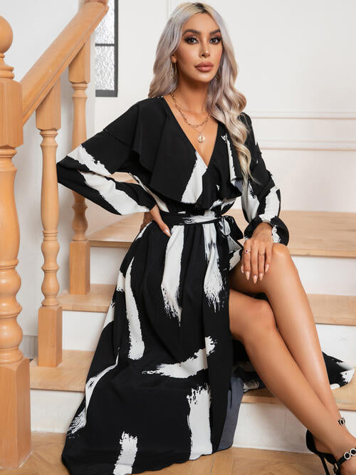 Printed Tie Front Ruffle Trim Long Sleeve Maxi Dress