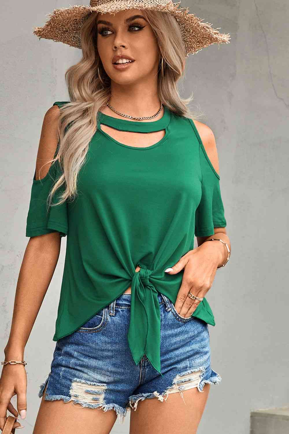 Women's Tied Cutout Cold-Shoulder Top