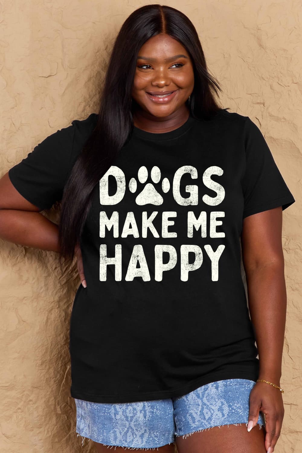 Simply Love - Women's Plus Size DOGS MAKE ME HAPPY Graphic Cotton T-Shirt