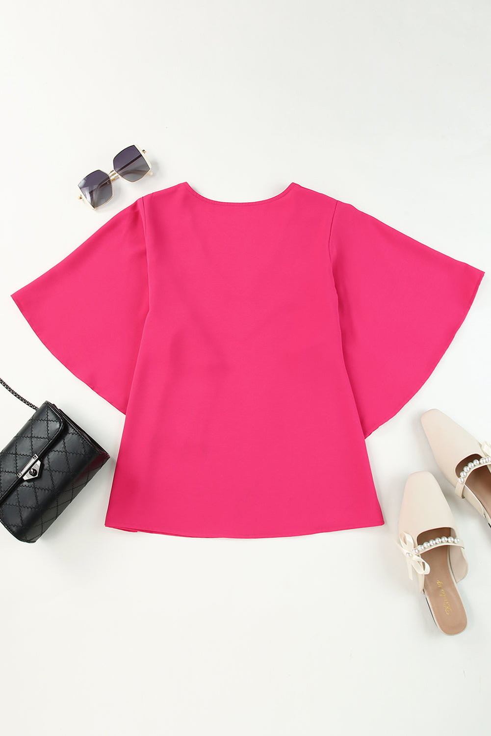 Women's V-Neck Cloak Sleeve Blouse - Hot Pink