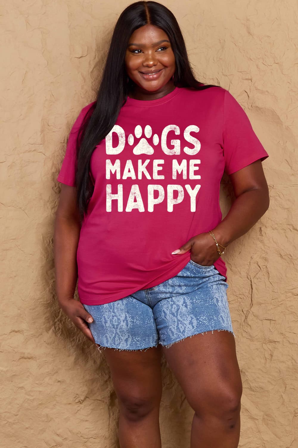 Simply Love - Women's Plus Size DOGS MAKE ME HAPPY Graphic Cotton T-Shirt