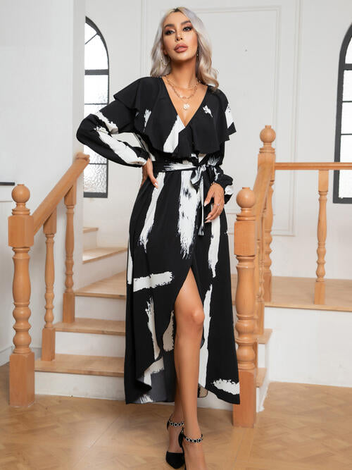 Printed Tie Front Ruffle Trim Long Sleeve Maxi Dress