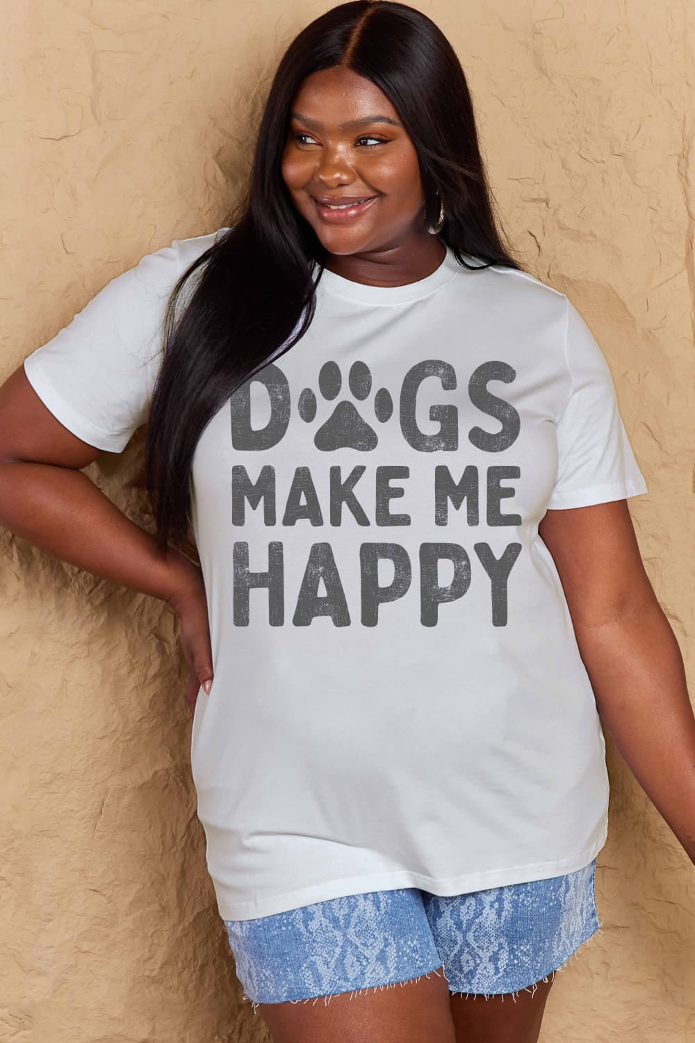 Simply Love - Women's Plus Size DOGS MAKE ME HAPPY Graphic Cotton T-Shirt